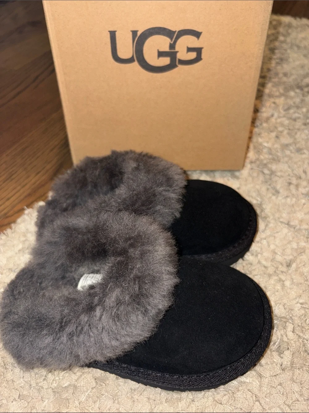 UGG Kids Black Suede Shearling Clog with Gray Fur Cuff